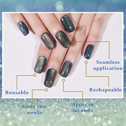 evpct Black Chrome Metallic Cat Eye Press on Nails Medium Square No Glue, Stick on Nails Medium Square for Women, Black Metallic Nail press ons, Iridescent Glitter Halloween Acrylic Fake Press on Nail