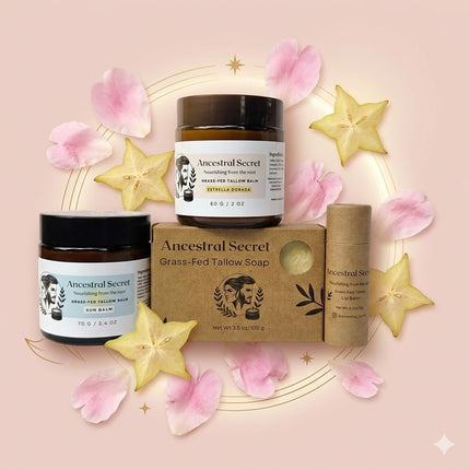 Skincare Kit – Grass-Fed Tallow Moisturizer, Natural Sun Balm, Soap & Lip Balm – Peony, Amber & Star Fruit Essential Oil Blend, Different Sizes (Travel Size)
