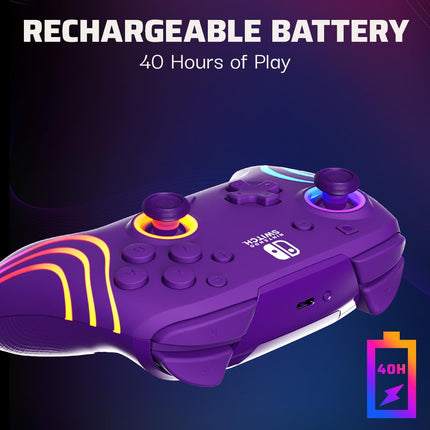 PDP Gaming Afterglow Wave Wireless Nintendo Switch Pro Controller - Officially Licensed, Nintendo Switch 2, Switch Lite/OLED, RGB LED Customization, App Controls, Rechargeable Battery Power - Purple
