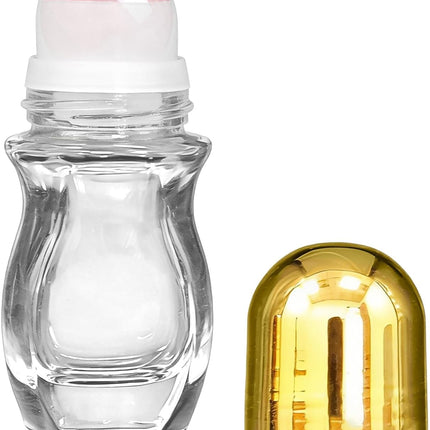 Rose Quartz Roller Waisted Bottles for Essential Oils,30ml Refillable Clear Glass Roll On Bottles with Natural Crystal Roller Balls, Leak-Proof Travel Perfume Bottle with Gold Caps
