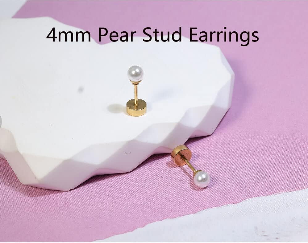 Pearl Stud Earrings Screw Back,Flat Back Pearl Cartilage Helix Earrings 316L Surgical Steel Cartilage - photo 2