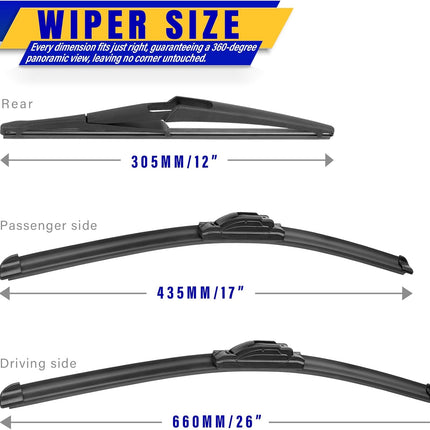 3 wipers Replacement for 2014-2021 2022 2023 Nissan Rogue/2013-2021 Nissan Pathfinder, Windshield Wiper Blades Original Equipment Replacement - 26"/17"/12" (Set of 3) U/J HOOK Windscreen wipers
