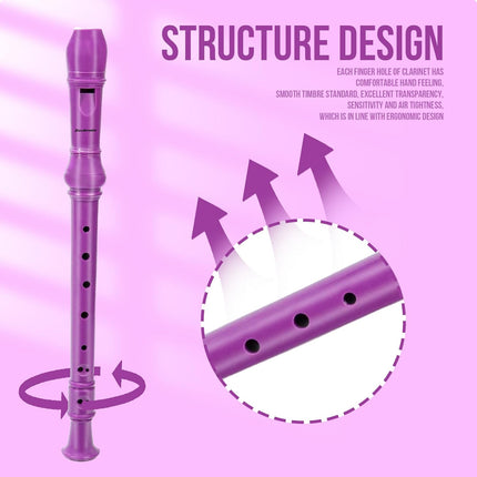 Soulmate Recorder Instrument for Kids Toddler Beginners Students German Style C Key Soprano Recorder Instrument 8 Holes 3 Piece ABS Descant Recorders with Cleaning Kit, Packing Bag (Purple)
