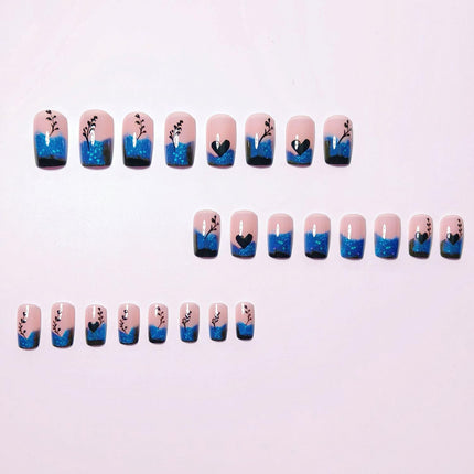 24 Pcs Blue Gradient French Tip Press on Nails Short Square Shaped False Nails Heart Love Pattern Designs Glitter Acrylic Fake Nails Full Cover Glossy Artificial Stick on Nail Women Nail Art DIY
