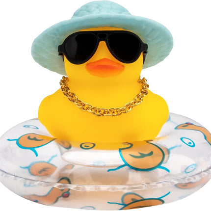 Car Duck Dashboard Decoration, Rubber Duck Car Ornament for Dashboard Decoration Accessories with Mini Bow Tie Gold Chain Straw Hat Sunglasses