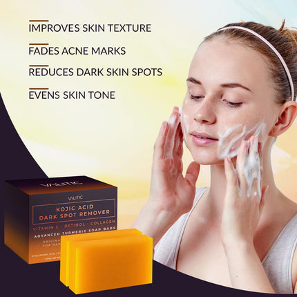 Kojic Acid Dark Spot Remover Soap Bars with Vitamin C, Retinol, Collagen, Turmeric - Original Japanese Complex Infused with Hyaluronic Acid, Vitamin E, Shea Butter, Castile Olive Oil (2 Pack)