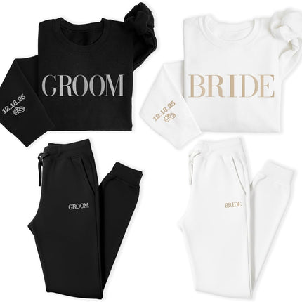 WEAR PHYSIQUE Personalized Bride Groom Gift Set, Matching Sweatshirt and Sweatpants, Honeymoon, Wedding, Bachelorette Party