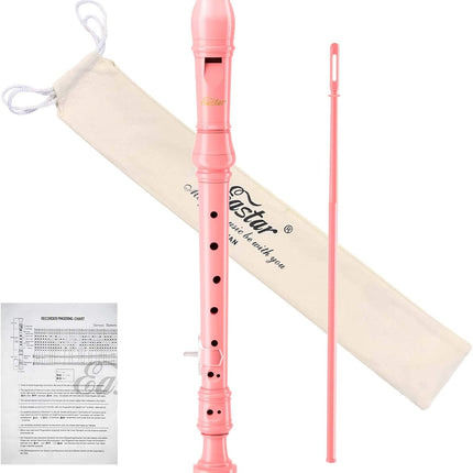 Eastar Soprano Recorder Instrument for Kids Beginners, German Fingering C Key with Cleaning Kit, Thumb Rest, Cotton Bag, Fingering Chart, ERS-21GP, Pink, School-Approved