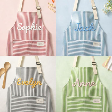 Personalized Mother's Day Apron, Custom Name Embroidered Apron for Women and Kids, Handmade Crochet Striped Kitchen Cooking Apron with Pocket, Unique Gift for Grandma Mom from Daughter Son