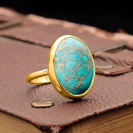 Natural Amazonite Crystal Ring 24K Gold Vermeil 925 Sterling Silver Oval Solitaire Gemstone Dainty Perseverance Crystal Virgo Wealth Statement Ring Handmade Turkish Fine Jewelry