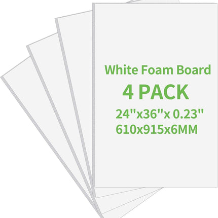 4 Pack Foam Board 24"x36", 0.23 Inch Thickness Poster Board, Double-Sided Acid-Free Foam Core Board, Large Lightweight Polystyrene Board for Painting, Display, Craft & School Projects, White