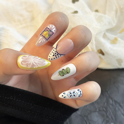 24Pcs Summer Press on Nails Medium Almond Fake Nails 3D Cute Fish Lemon False Nails Reusable Bohemia Designs French Tip Acrylic Nail Summer Fruit Full Cover Stick on Nails for Women Nail Supplies