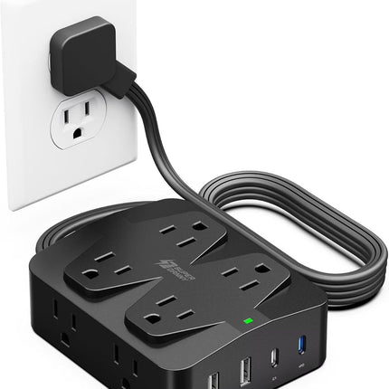 35W Fast Charging Power Strip, SUPERDANNY 6ft Flat Plug Extension Cord (13A/1625W) with 8 Wide Outlets & 4 USB Ports, Wall Mountable, 1050J Surge Protector Charging Station for Home Office Dorm