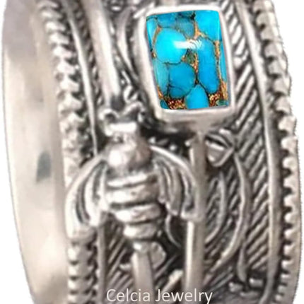Solid 925 Sterling Silver Honey Bee Spinner Meditation Ring, Natural Abalone Shell Gemstone Ring