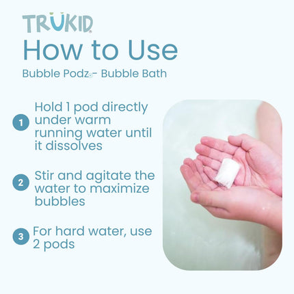 TruKid Bubble Podz Bubble Bath for Kids, Toddlers, & Babies, Tear Free Gentle & Refreshing Bath Bomb for Sensitive Skin with Natural Moisturizers, Non-Toxic, pH Balanced, Bubble Gum Scent (10 Podz)