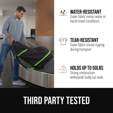 GORILLA GRIP Tear and Water Resistant Padded Car Seat Travel Bag for Airplane and Airport, Universal Fit Baby Carseat Bags, Holds Up to 50lbs, Handle & Shoulder Straps, Air Gate Check Carrier, Green