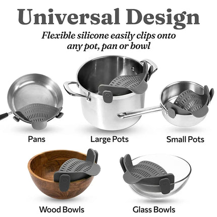 Universal Silicone Strainer Clip fits various pot sizes with adjustable clip mechanism