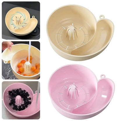 CALI 4-in-1 washing bowl set with fruits and vegetables demonstrating rinse and spin use