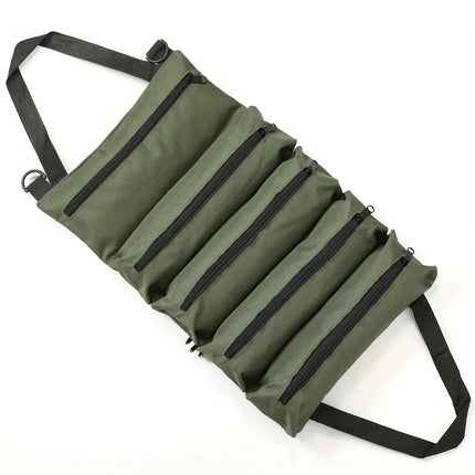 Heavy-Duty Roll-Up Tool Bag rolled up with secure carry straps