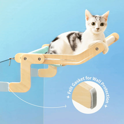 Sturdy hanging cat bed installed on wall demonstrating space-saving elevated design