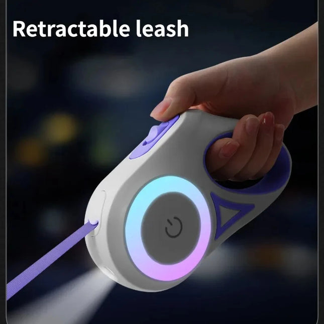 Retractable luminous dog leash showing LED light feature and ergonomic handle grip