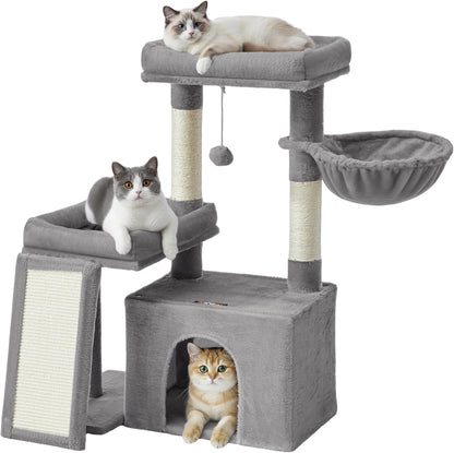 Cat Tree, Cat Tower Condo with Scratching Posts and Ramp, 2 Large Perches, Cave, Basket, 33.8 Inches Tall, Dove Gray