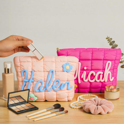 Personalized Quilted Makeup Bag with 3D Rope Embroidery, Custom Name Puffer Cosmetic Pouch, Portable Cute Travel Toiletry Bag for Women, Organizer Storage for Travel, Bridesmaid Wedding Birthday Gift