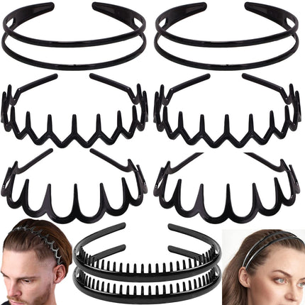 8 PCS Fashion Effortless Plastic Headbands with Teeth Comb Black Skinny Headbands No Slip Hair Accessories Bands for Women Men Teen Girls, Leopard&Bright Black