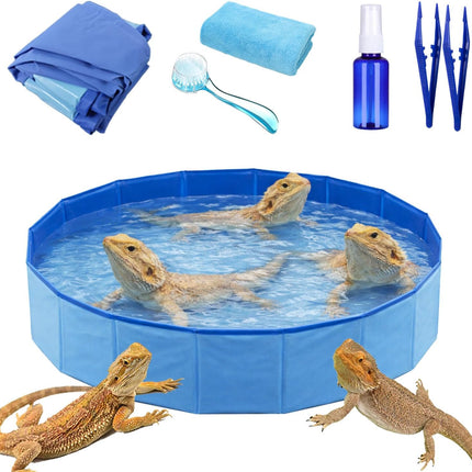 6Pcs Bearded Dragon Pool – Foldable Reptile Bathtub & Towel (Large or Medium Size), Bath Brush, Spray Bottle & Plastic Tweezers for Bearded Dragons, Bearded Dragon Bath Accessories (Large)