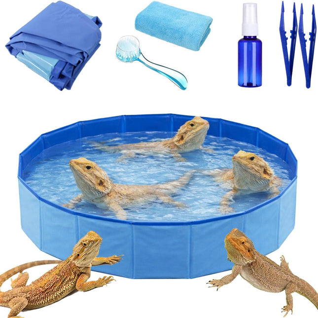 6Pcs Bearded Dragon Bath Set – Foldable Bathtub & Towel, Bath Brush, Spray Bottle & Tweezers (Large)