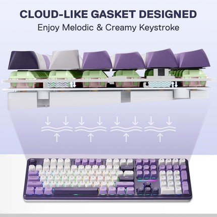 PRO Wireless Gasket RGB Gaming Keyboard, 108 Keys Mechanical Keyboard w/Extra 4 Hotkeys, Hot-Swap Socket, 5-Layer Noise Dampening, See-Through Round PBT Keycaps, Switch