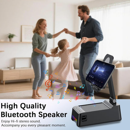 Wireless Induction Speaker, 5 in 1 Bluetooth Speaker with Phone Stand and Power Bank(3000mAh), Birthday Gifts for Men Women Teens, LED Lights 360° Rotation Phone Holder Compatible with Phones iPad