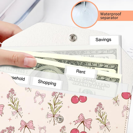 Cash Envelope Wallet, Reusable Budget Money Wallet, Cute PU Leather Money Saving Wallet with 4 Dividers & 1 Sheet Category Stickers Cherry Floral