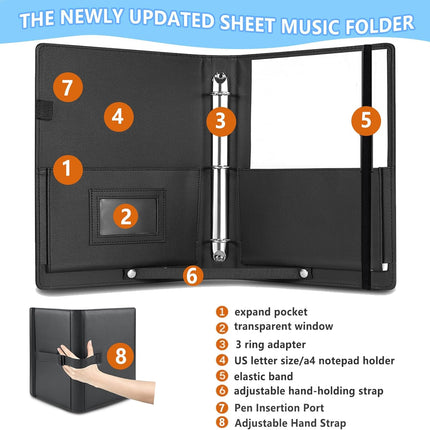 AiDor PU Leather Choir Music Folder, 3 Ring Black Binder with Adjustable Band,Sheet Music Folder fit Letter Size, for Choral Performances at Concerts
