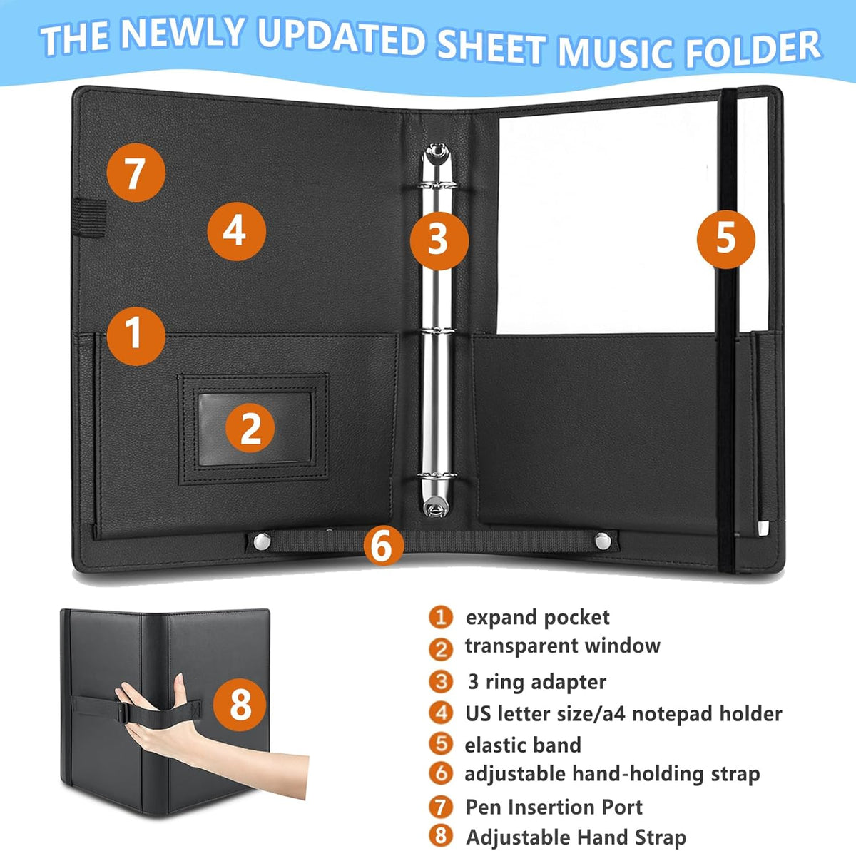 PU Leather Choir Music Folder, 3 Ring Black Binder with Adjustable - photo 4