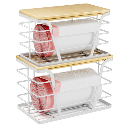 2 Pack Stackable Storage Laundry Kitchen Organizers, Wall Mount Trash Bag Holder with Bamboo Top and Garbage Bag Dispenser No Drill