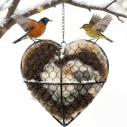 Handmade Alpaca Fiber Bird Nesting Heart - Refillable Bird Nesting Material Holder & Garden Decor - Alpaca Wool for Bird Nesting Dispenser & Nesting Material for Wild Birds Station (Black)