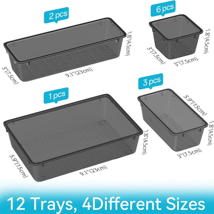 ElegantArray 12-Piece Drawer Organizer Set, 4 Sizes Versatile Plastic Vanity Organizer for Makeup, Stationery, Gadgets, in Kitchen, Bathroom, Office, and Bedroom, Black