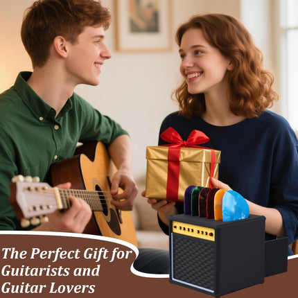 22Pcs Guitar Picks Holder Box, Vintage Amp Guitar Pick Holder with 21 Celluloid Guitar Picks, 3D Printed Retro Pick Storage Box & Display Stand for Guitarists and Music Enthusiasts