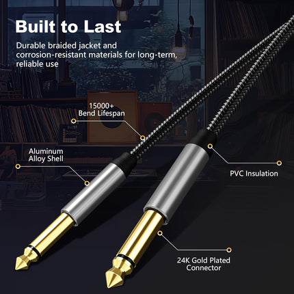 6.35mm Instrument Cable 3Ft,Silver Color Premium 6.35mm Mono Jack 1/4" TS Cable Unbalanced Guitar Patch Cords/Instrument Cable Male to Male with Zinc Alloy Housing and Nylon Braid(3Ft/1M)