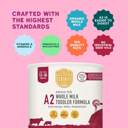 Serenity Kids 12-36 Month A2 Whole Milk Toddler Formula Powder - Organic Grass-Fed Whole Milk - Easier-to-Digest A2 Toddler Formula - DHA & ARA Prebiotics & Nucleotides for Baby Essentials - 21 Oz