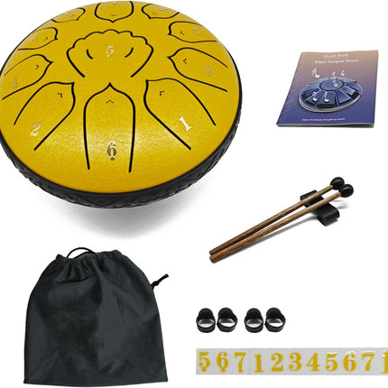 6 Inch 11 Note Hand-Tuned Steel Tongue Drum with Soothing Sound, Rain Drum for Outside & Garden, Percussion Instrument for Meditation, Yoga, Relaxation, Gift for Adults & Beginners, Sunlit Gold