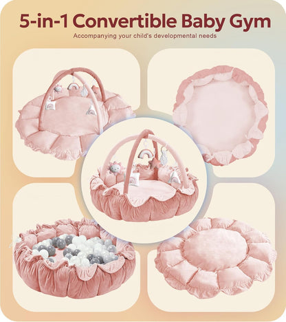 5-in-1 Thick Plush Baby Play Gym Mat with 6 Sensory Toys, Pink - photo 2
