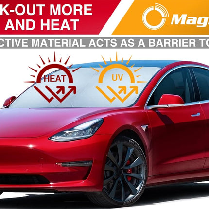 Magnelex Tesla Windshield Sun Shade (Model 3/Y), Reflective Polyester Blocks Heat & Sun, Foldable Car Window Sun Blocker, Mirror Cut-Out, Fade-Resistant Sunshade, Tesla 3 Accessories