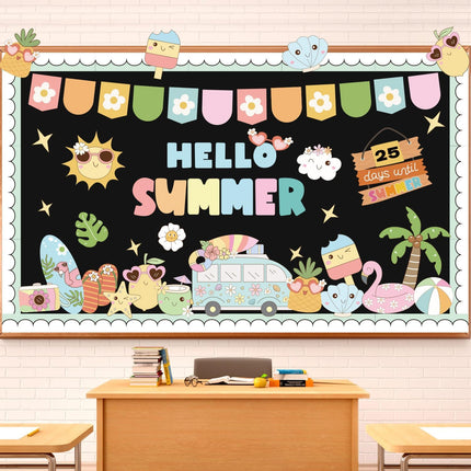 Summer Bulletin Board Decorations Set Countdown to Summer Bulletin Board End of Year Classroom Decor Tropical Hawaiian Beach Paper Cutouts with Blue Border for Home Office School Chalkboard Wall Door