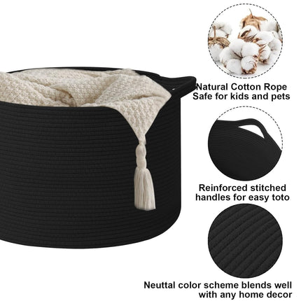 65L Extra Large Woven Cotton Rope Blanket Basket with Handles, Laundry Hamper Storage Bin for Pillows, Comforters,Clothes, Toys, Nursery, Bedroom and Living Room Organization,Black