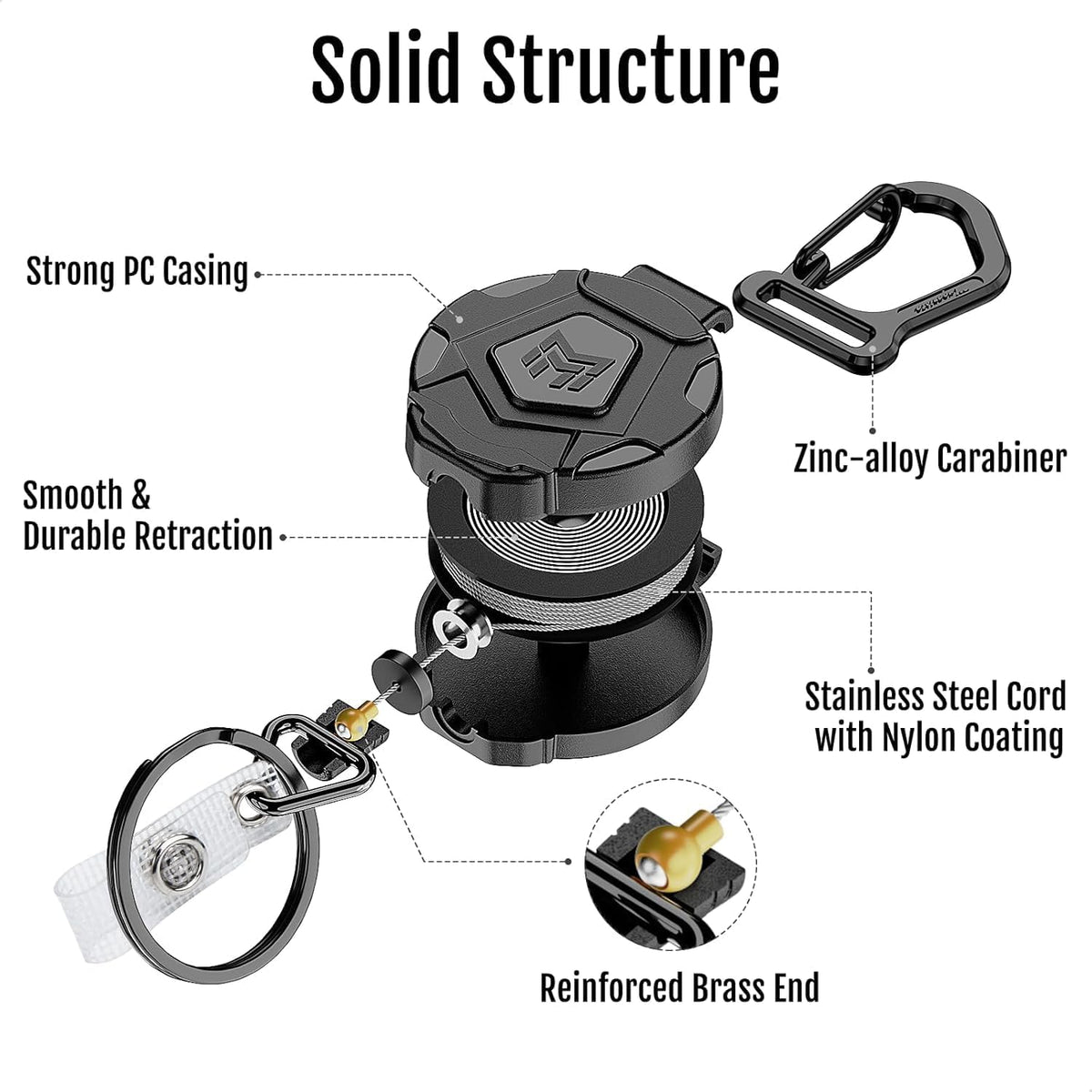 Retractable Keychain, Heavy Duty Carabiner Badge Holder, Tactical ID Badge Reel with 31.5” Steel - photo 4