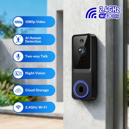 SoraNari Wireless Video Doorbell Camera,1080P FHD, Motion Detection, Two-Way Audio, Night Vision, Cloud Storage, Battery Powered, 2.4GHz Wi-Fi Only, Indoor Outdoor Surveillance