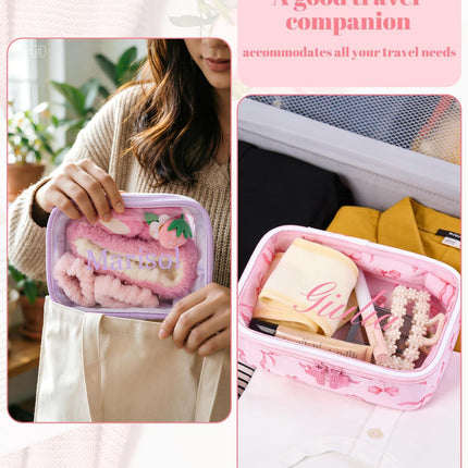 Personalized Cosmetic Bag for Women Girls, Free Custom Waterproof Travel Makeup Pouch with Zipper, Cute Toiletry Bags for Wedding Faver, Birthday Mother's Day Bridesmaid Gifts(Pink and White Bow