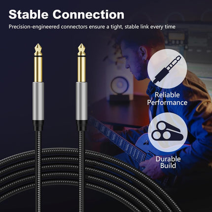 6.35mm Instrument Cable 3Ft,Silver Color Premium 6.35mm Mono Jack 1/4" TS Cable Unbalanced Guitar Patch Cords/Instrument Cable Male to Male with Zinc Alloy Housing and Nylon Braid(3Ft/1M)